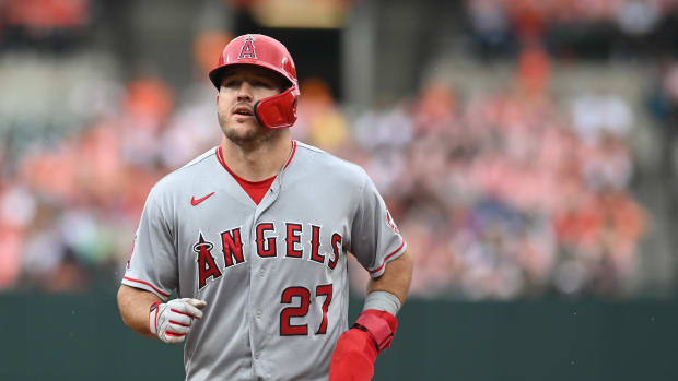 Los Angeles Angels center fielder Mike Trout runs the bases.