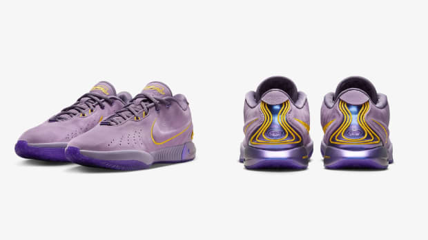Side view of LeBron James' purple and gold Nike sneakers.
