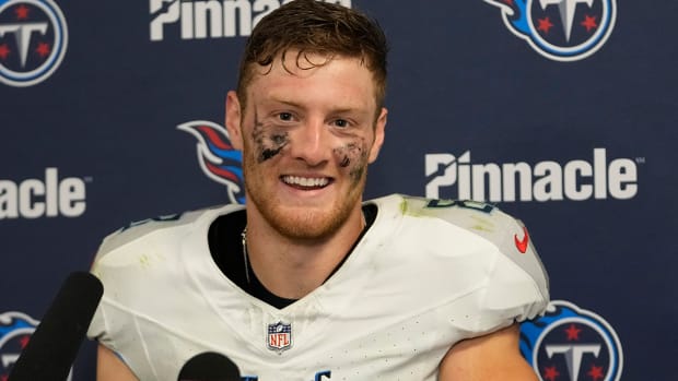 Titans quarterback Will Levis smiles during a news conference following an NFL football game against the Dolphins.