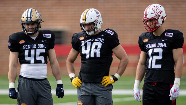 Feb 1, 2022; Mobile, AL, USA; National linebacker Troy Andersen of Montana State (45) and National linebacker Chad Muma of Wyoming (48) and National linebacker Sterling Weatherford of Miami (OH) (12) during National practice for the 2022 Senior Bowl at Hancock Whitney Stadium.