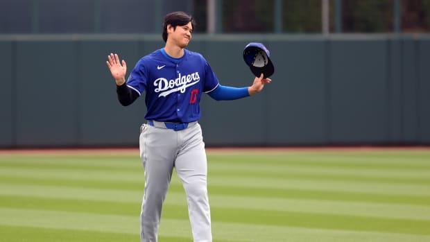 Los Angeles Dodgers designated hitter Shohei Ohtani (17) against the Chicago White Sox during a spring training baseball game at Camelback Ranch-Glendale.