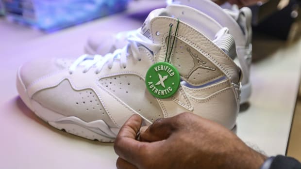 View of white shoe at StockX facility.