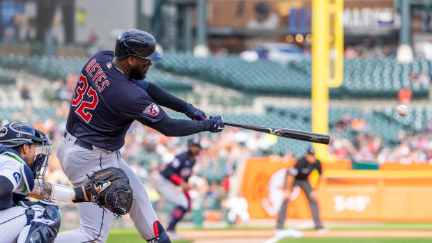 Jul 5, 2022; Detroit, Michigan, USA; Cleveland Guardians designated hitter Franmil Reyes (32) hits a sacrifice fly during the first inning against the Detroit Tigers at Comerica Park. Mandatory Credit: Raj Mehta-USA TODAY Sports
