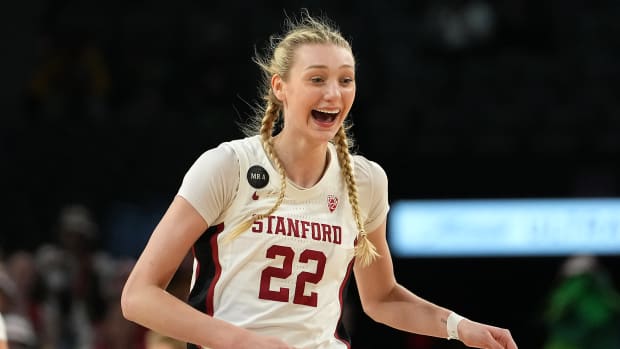 Mar 4, 2022; Las Vegas, NV, USA; Stanford Cardinal forward Cameron Brink (22) celebrates after a scoring play against the Colorado Buffaloes during the fourth quarter at Michelob Ultra Arena. Mandatory Credit: Stephen R. Sylvanie-USA TODAY Sports
