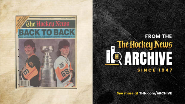 From The Hockey News Archive since 1947. Cover of Mario Lemieux and Jaromir Jagr with words "Back to Back."