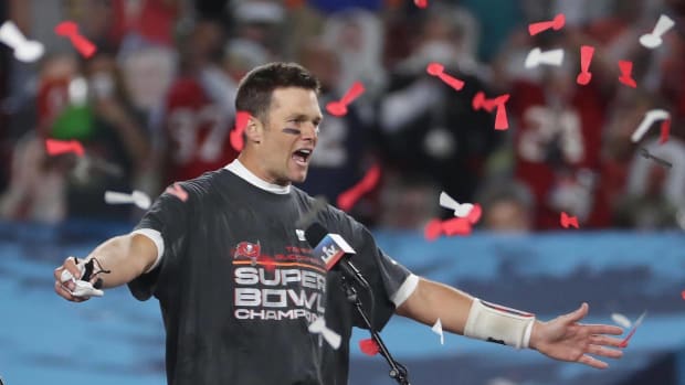 Tom Brady pictured celebrating after winning Super Bowl LV with the Tampa Bay Buccaneers in 2021
