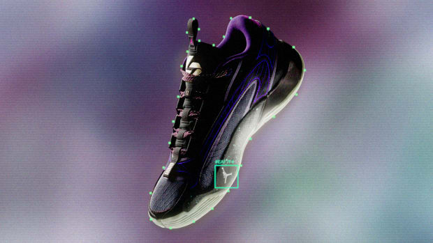 Side view of Luka Doncic's black and purple Jordan Brand shoe.
