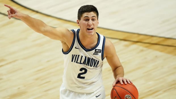 Villanova guard Collin Gillespie dribbles