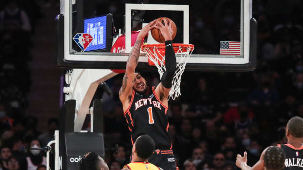 New York Knicks forward Obi Toppin (1) dunks in the second quarter against the Atlanta Hawks at Madison Square Garden.