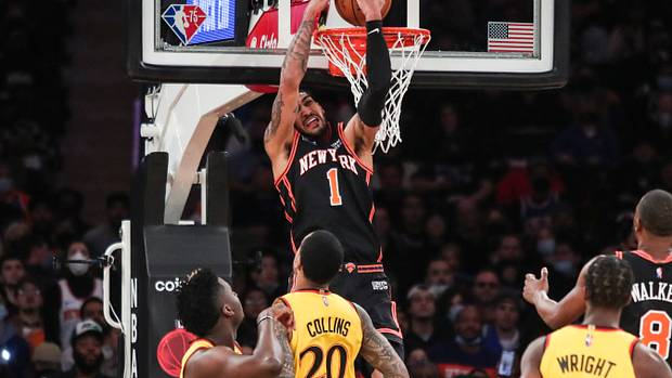 New York Knicks forward Obi Toppin (1) dunks in the second quarter against the Atlanta Hawks at Madison Square Garden.