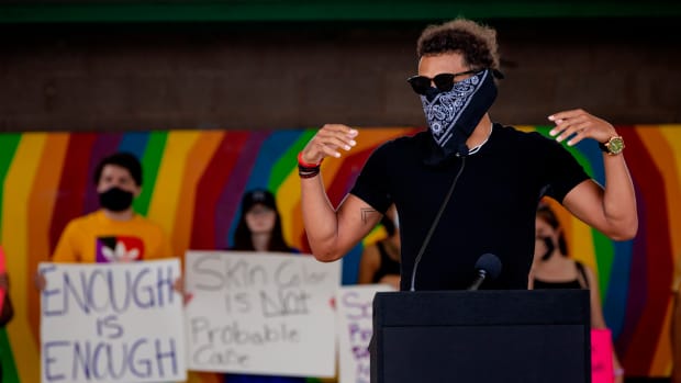 Norman native and Atlanta Hawk basketball player Trae Young speaks to those gathered during a protest at Andrews Park on Monday, June 1, 2020, in Norman, Okla. in response to the death of George Floyd.