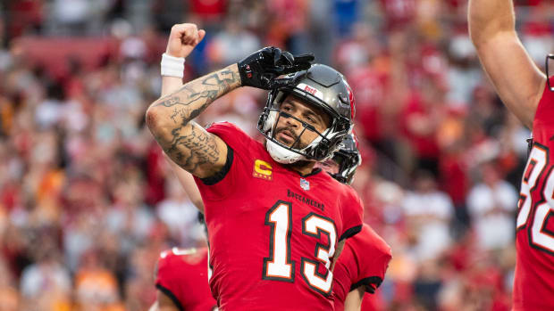 Tampa Bay Buccaneers wide receiver Mike Evans (13) celebrates the touchdown against the Jacksonville Jaguars in the second quarter at Raymond James Stadium.