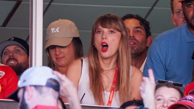Taylor Swift reacts while watching the Kansas City Chiefs game.