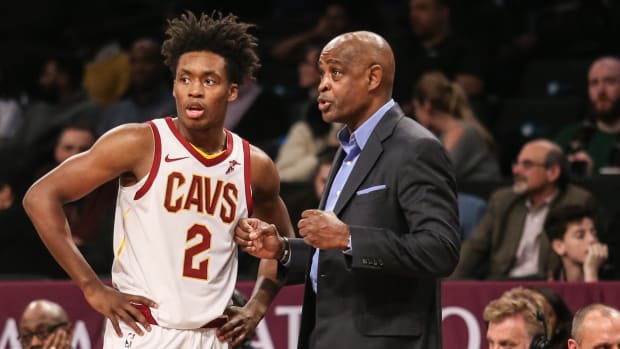 Dec 3, 2018; Brooklyn, NY, USA; Cleveland Cavaliers head coach Larry Drew and guard Collin Sexton (2) at Barclays Center.