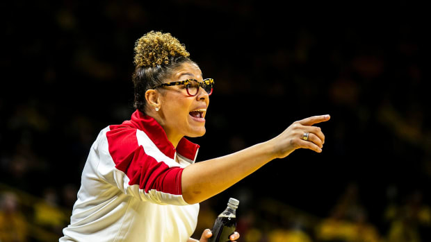 Wisconsin head coach Marisa Moseley reacts during a NCAA Big Ten Conference women's basketball game against Iowa, Wednesday, Feb. 15, 2023, at Carver-Hawkeye Arena in Iowa City, Iowa.