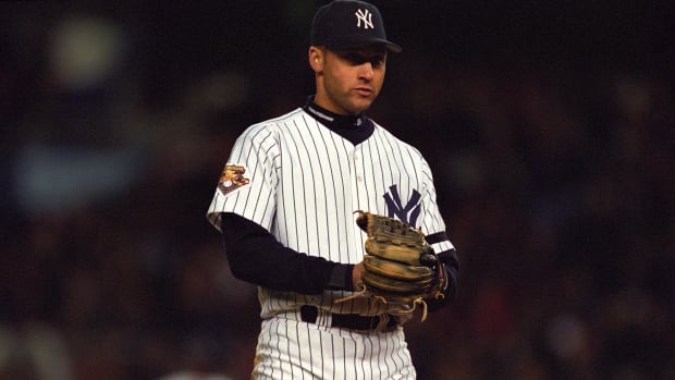 New York Yankees infielder Derek Jeter looks on during a game.