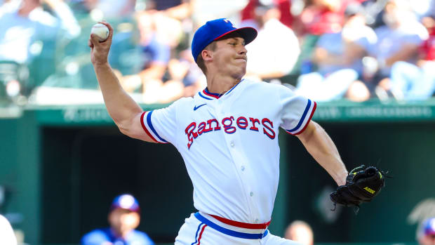 Oct 5, 2022; Arlington, Texas, USA; Texas Rangers starting pitcher Glenn Otto (49) throws during the first inning against the New York Yankees at Globe Life Field. Mandatory Credit: Kevin Jairaj-USA TODAY Sports