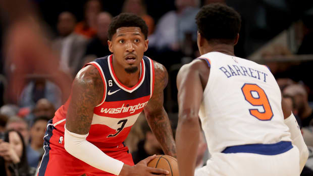 Washington Wizards guard Bradley Beal (3) squares off with RJ Barrett (9) of the New York Knicks.