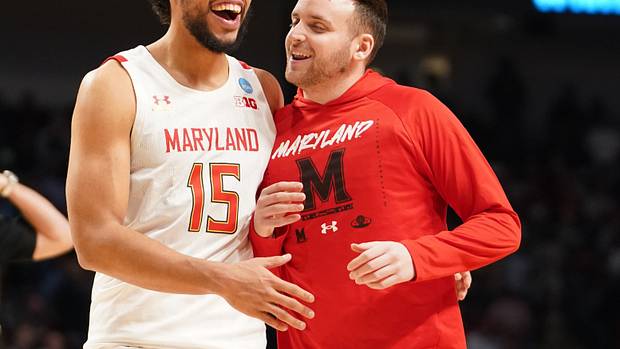Maryland Terrapins forward Patrick Emilien celebrates a win.