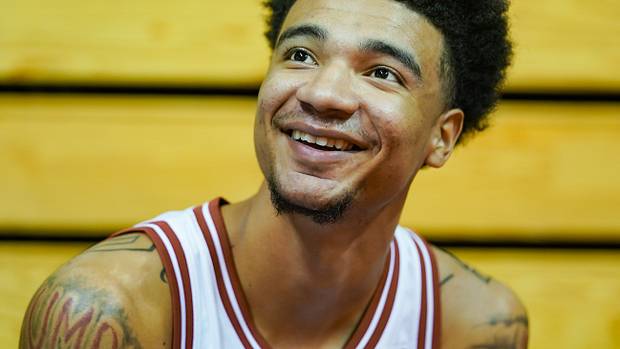 Indiana's Kel'el Ware talks to the media during the Indiana University basketball media day at Simon Skjodt Assembly Hall on Wednesday, Sept. 20, 2023.
