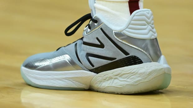 Cleveland Cavaliers guard Darius Garland's silver and black New Balance sneakers.