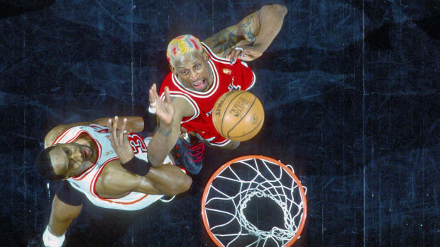 Chicago Bulls forward Dennis Rodman against the Miami Heat during the 1996-97 season.
