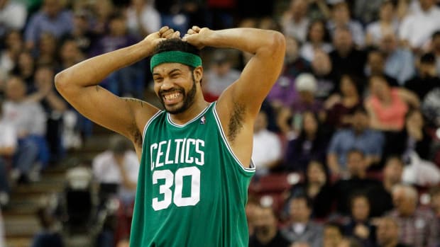 Rasheed Wallace grimaces after a play.