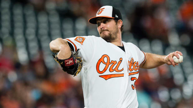 Sep 20, 2017; Baltimore, MD, USA; Baltimore Orioles starting pitcher Wade Miley (38) pitches in the first inning against the Boston Red Sox at Oriole Park at Camden Yards. Mandatory Credit: Patrick McDermott-USA TODAY Sports  