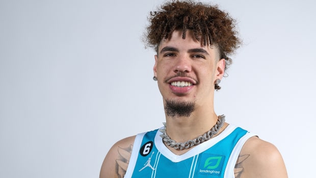 LaMelo Ball poses during Media Day.