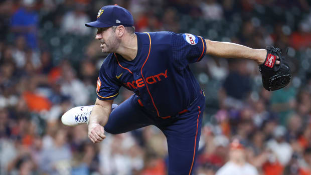 Sep 18, 2023; Houston, Texas, USA; Houston Astros starting pitcher Justin Verlander (35) delivers a pitch during the first inning against the Baltimore Orioles at Minute Maid Park. Mandatory Credit: Troy Taormina-USA TODAY Sports  