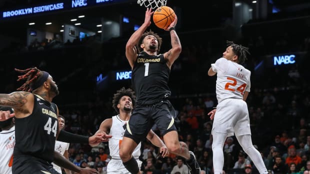 Dec 10, 2023; Brooklyn, New York, USA; Colorado Buffaloes guard J'Vonne Hadley (1) drives to the basket in the second half against the Miami (Fl) Hurricanes at Barclays Center