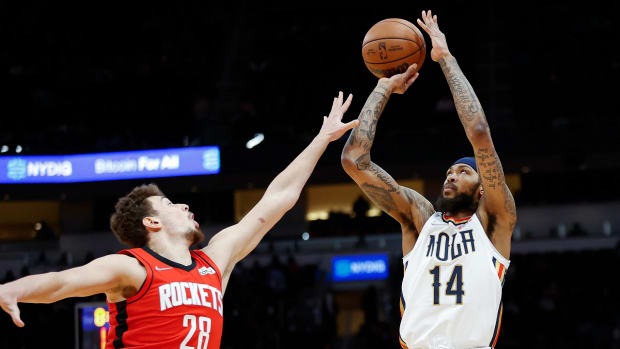 Houston Rockets center Alperen Şengün contests a shot by New Orleans Pelicans forward Brandon Ingram