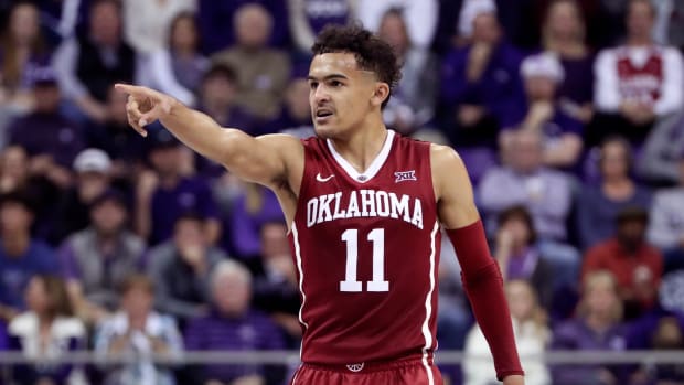 Oklahoma Sooners guard Trae Young (11) reacts during the second half against the TCU Horned Frogs at Ed and Rae Schollmaier Arena.