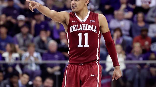 Oklahoma Sooners guard Trae Young (11) reacts during the second half against the TCU Horned Frogs at Ed and Rae Schollmaier Arena.