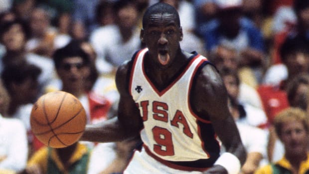 August 8, 1984; Michael Jordan on offense against Canada during the semi-finals at the Forum during the 1984 Los Angeles Olympics.