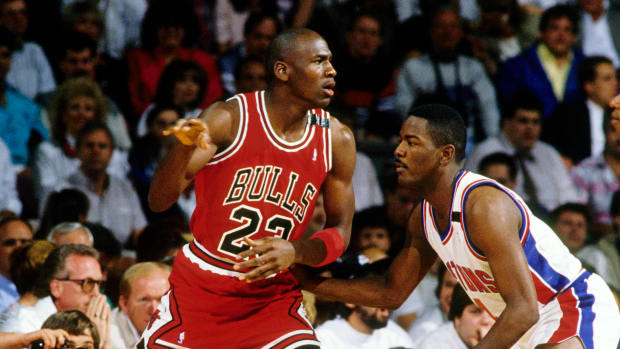 May 1989; Detroit, MI, USA: Chicago Bulls guard Michael Jordan is defended by Detroit Pistons guard Joe Dumars