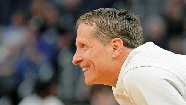 Arkansas Razorbacks head coach Eric Musselman reacts during the second half of their game against the Gonzaga Bulldogs in the semifinals of the West regional of the men's college basketball NCAA Tournament at Chase Center. The Arkansas Razorbacks won 74-68.