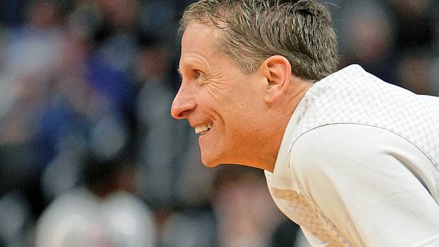 Arkansas Razorbacks head coach Eric Musselman reacts during the second half of their game against the Gonzaga Bulldogs in the semifinals of the West regional of the men's college basketball NCAA Tournament at Chase Center. The Arkansas Razorbacks won 74-68.