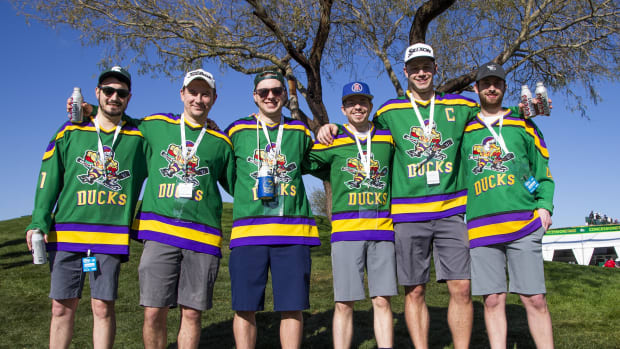 Friends from Grand Rapids, Michigan, dressed up in jerseys for The Mighty Ducks movie for the second round of the Waste Management Phoenix Open at the TPC Scottsdale, Friday, February 1, 2019. From left to right are; Sam Cusmano, 28, Andy Brown, 28, Tyler Allard, 27, Michael Matusiak, 24, Derek Lennen, 27, and Cole Dehen, 28. Wm Phoenix Open