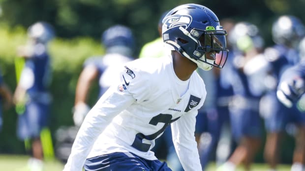 Seattle Seahawks cornerback Devon Witherspoon (21) participates in training camp practice at the Virginia Mason Athletic Center.