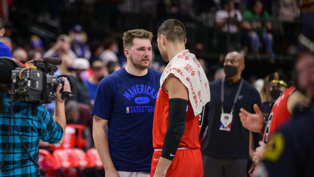 January 9, 2022; Dallas Mavericks guard Luka Doncic talks with Chicago Bulls big man Nikola Vucevic after their matchup at the American Airlines Center