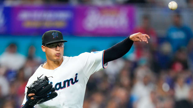 Sep 17, 2023; Miami, Florida, USA; Miami Marlins starting pitcher Jesus Luzardo (44) throws the ball to first base for an out against the Atlanta Braves during the fifth inning at loanDepot Park.