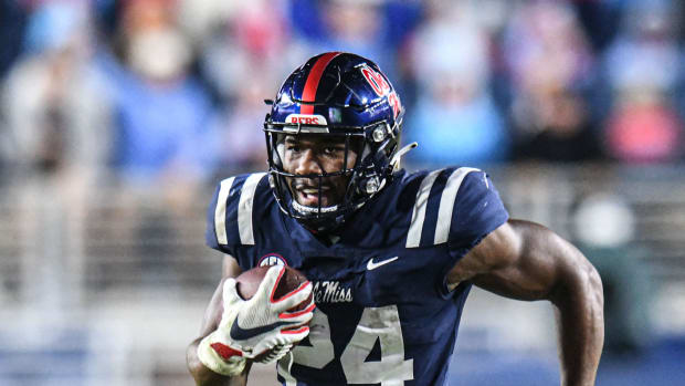 Ole Miss running back Snoop Conner (24) runs for a first down against Alabama at Vaught-Hemingway Stadium in Oxford, Miss. on Saturday, October 10, 2020. (Bruce Newman)