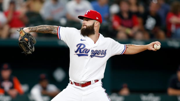 Aug 27, 2022; Arlington, Texas, USA; Texas Rangers starting pitcher Dallas Keuchel (60) throws a pitch against the Detroit Tigers in the first inning at Globe Life Field. Mandatory Credit: Tim Heitman-USA TODAY Sports
