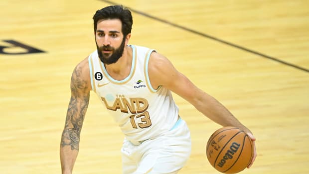 Jan 31, 2023; Cleveland, Ohio, USA; Cleveland Cavaliers guard Ricky Rubio (13) brings the ball up court in the fourth quarter against the Miami Heat at Rocket Mortgage FieldHouse.