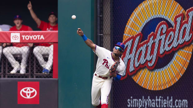 Jul 15, 2023; Philadelphia, Pennsylvania, USA; Philadelphia Phillies outfielder Johan Rojas (18) throws out San Diego Padres second baseman Ha-Seong Kim (not pictured) for a double play in the first inning at Citizens Bank Park. Mandatory Credit: Bill Streicher-USA TODAY Sports