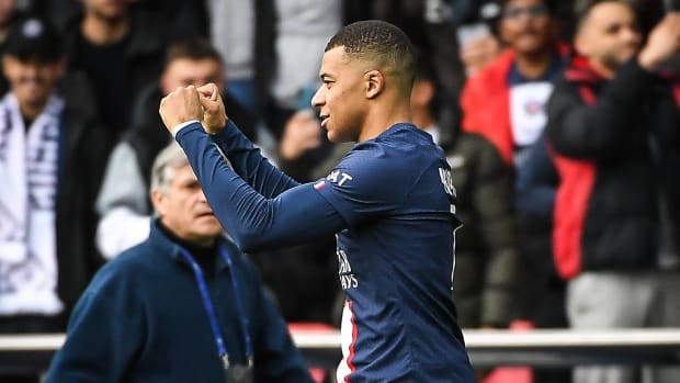 Kylian Mbappe pictured celebrating after scoring for PSG against Lille in February 2023