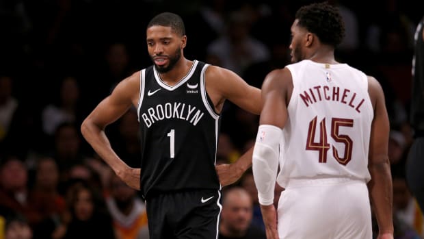 Brooklyn Nets forward Mikal Bridges (1) reacts in front of Cleveland Cavaliers guard Donovan Mitchell (45)