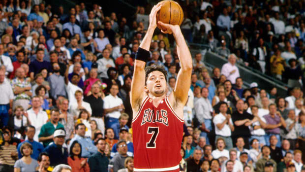 June 1996; Seattle, Chicago Bulls guard Toni Kukoc attempts a jump shot against the Seattle Supersonics during the 1996 NBA Finals at Key Arena