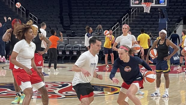 Grace Berger warms up before the Indiana Fever's opening night matchup versus the Connecticut Sun on Friday, May 19 at Gainbridge Fieldhouse.